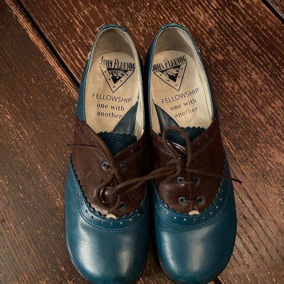 RARE Fluevog Erika Loafers Lace Up Brown Blue Selling as-is CUTE Retro Size 7 - Picture 2 of 13